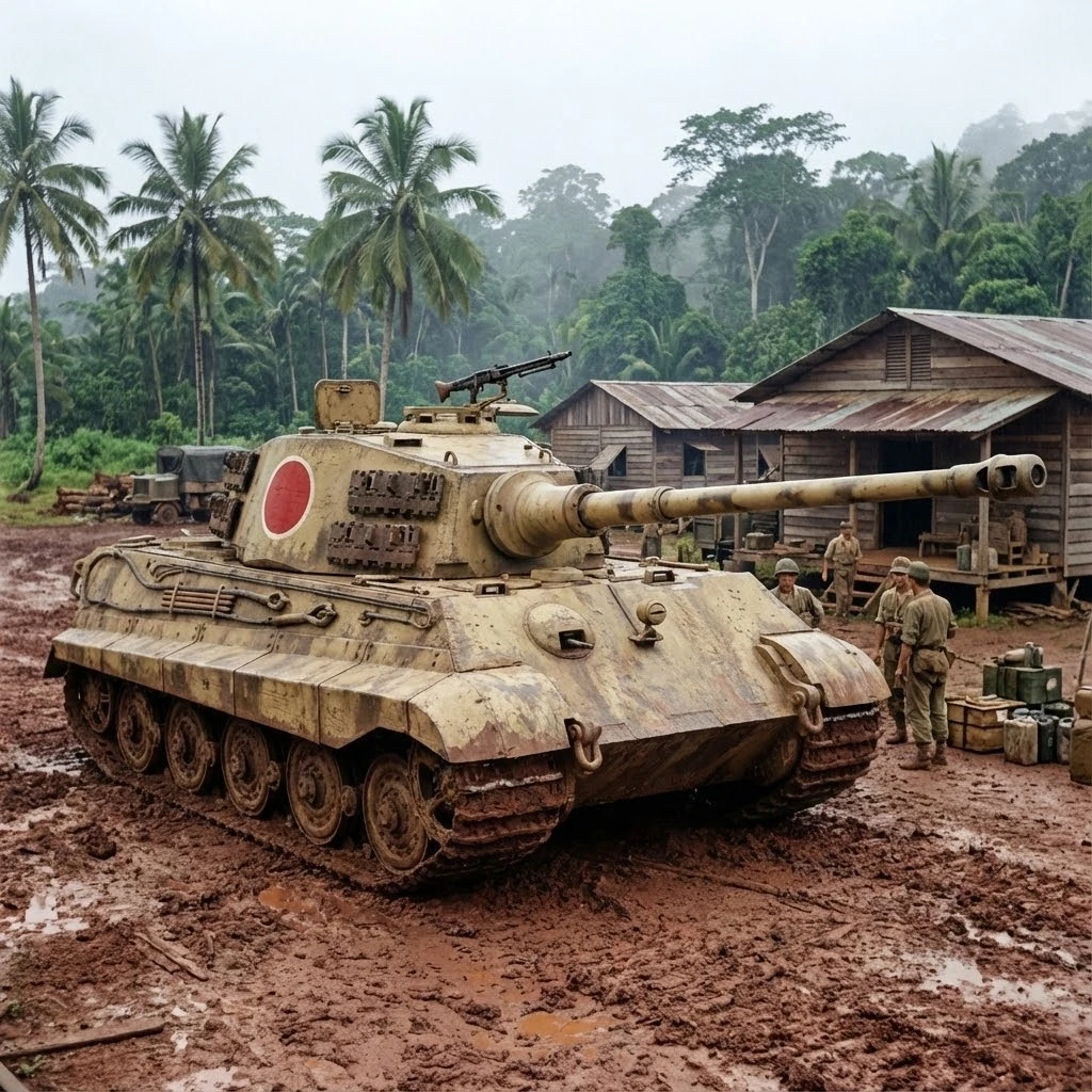 Tanque Tiger II no aeródromo de Sepik na Segunda Guerra Mundial