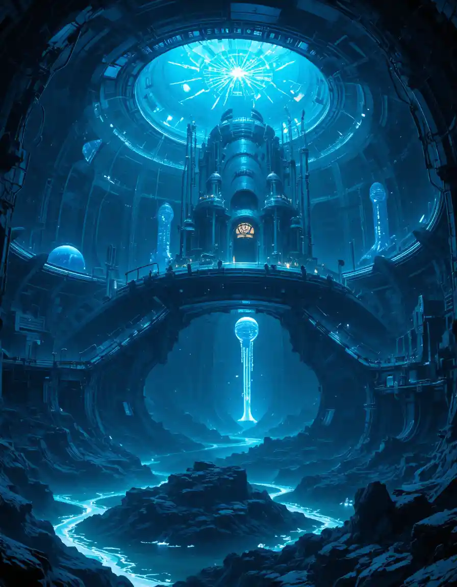 Futuristic underwater base with glowing domes in ocean abyss