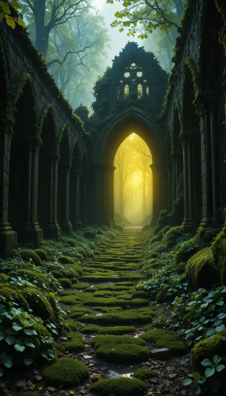 Enchanted Forest Path To Glowing Gothic Cathedral Ruins