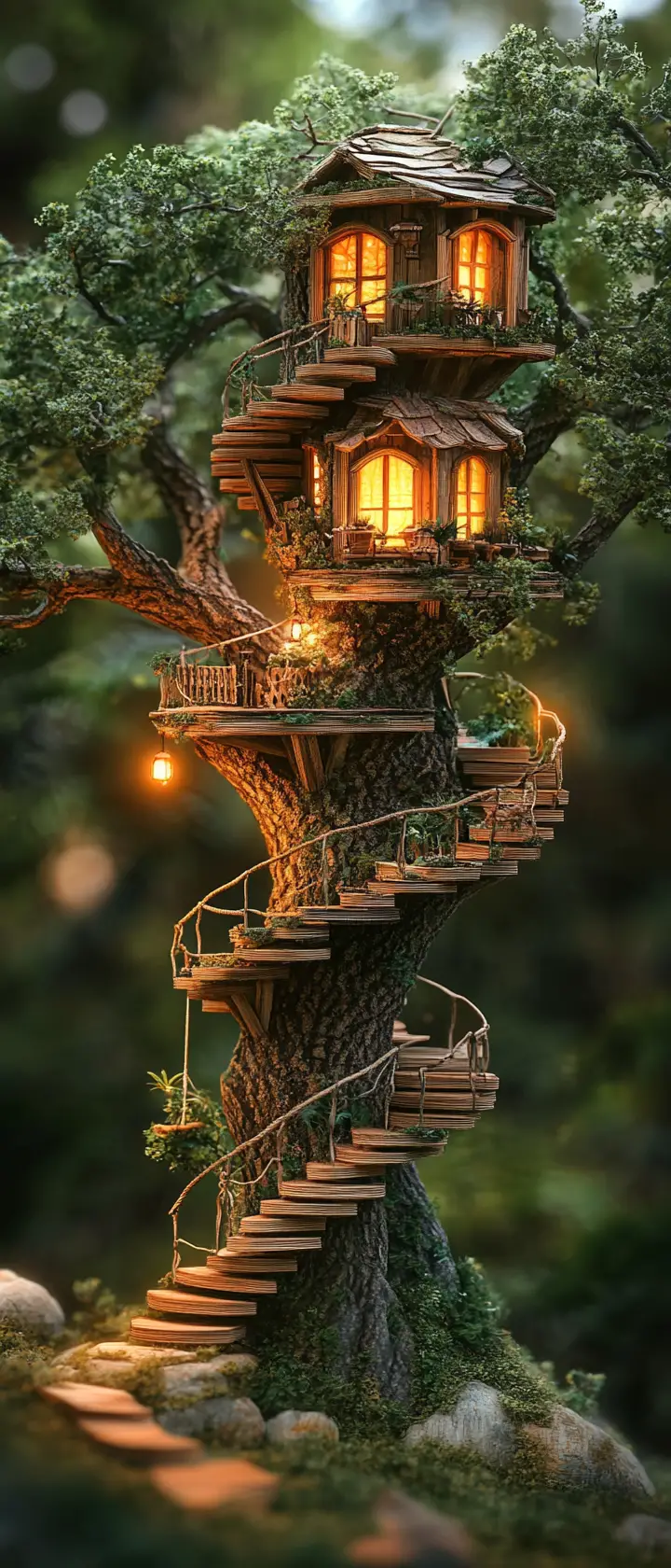 Diorama di Casa sull’Albero a Spirale Verticale in una Foresta Tranquilla