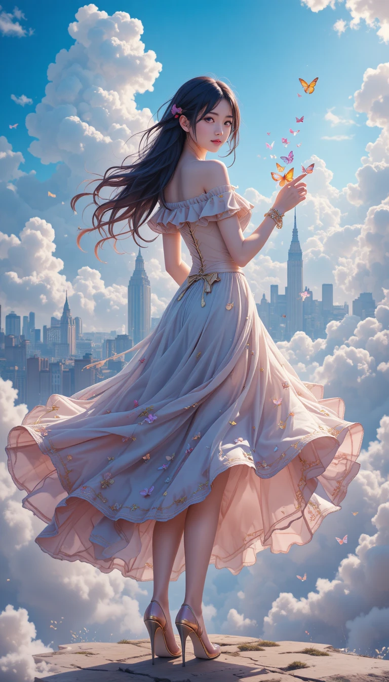 Anime girl holding butterflies against a cloudy skyline