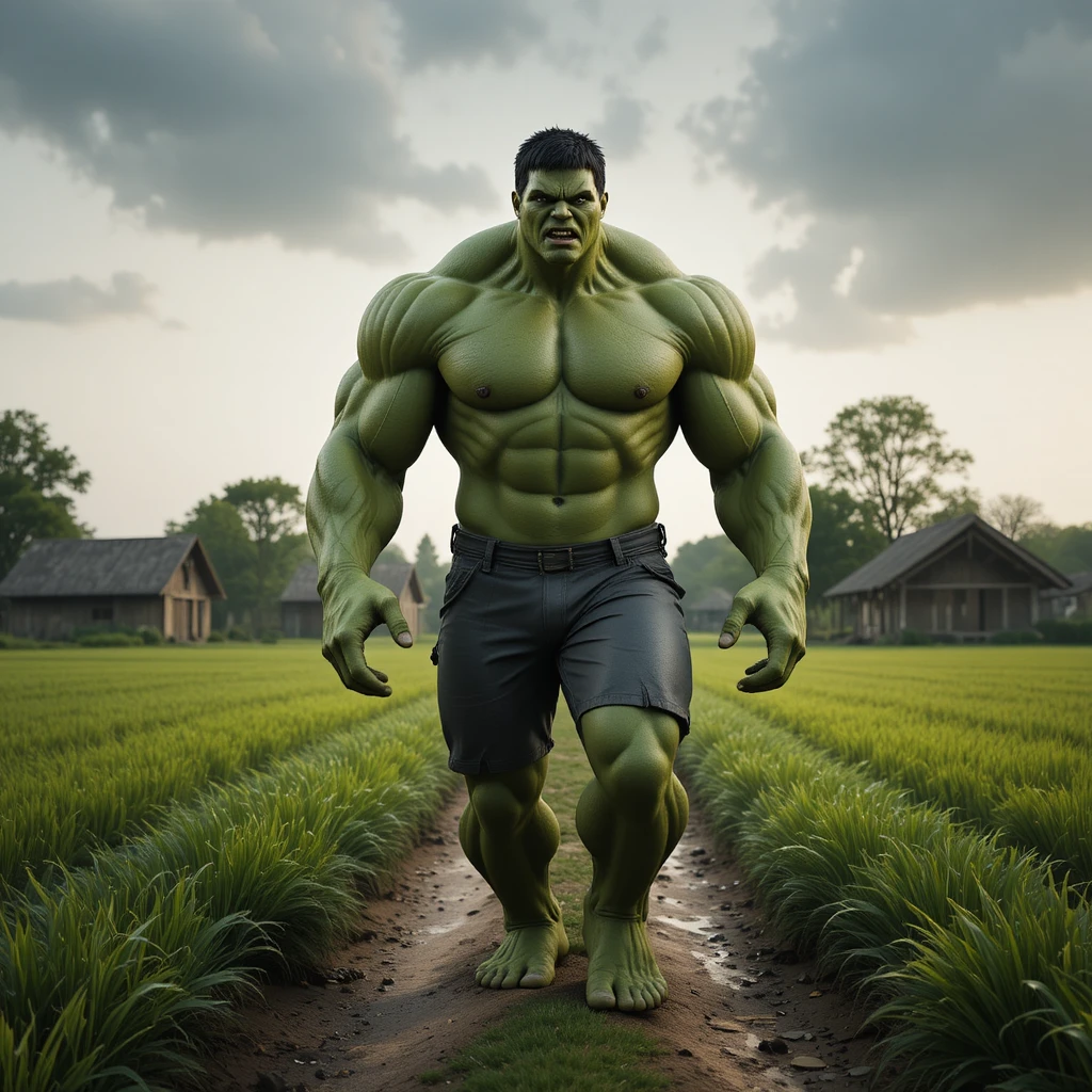 Gigante humanóide verde e musculoso caminhando por trilha em vila rural