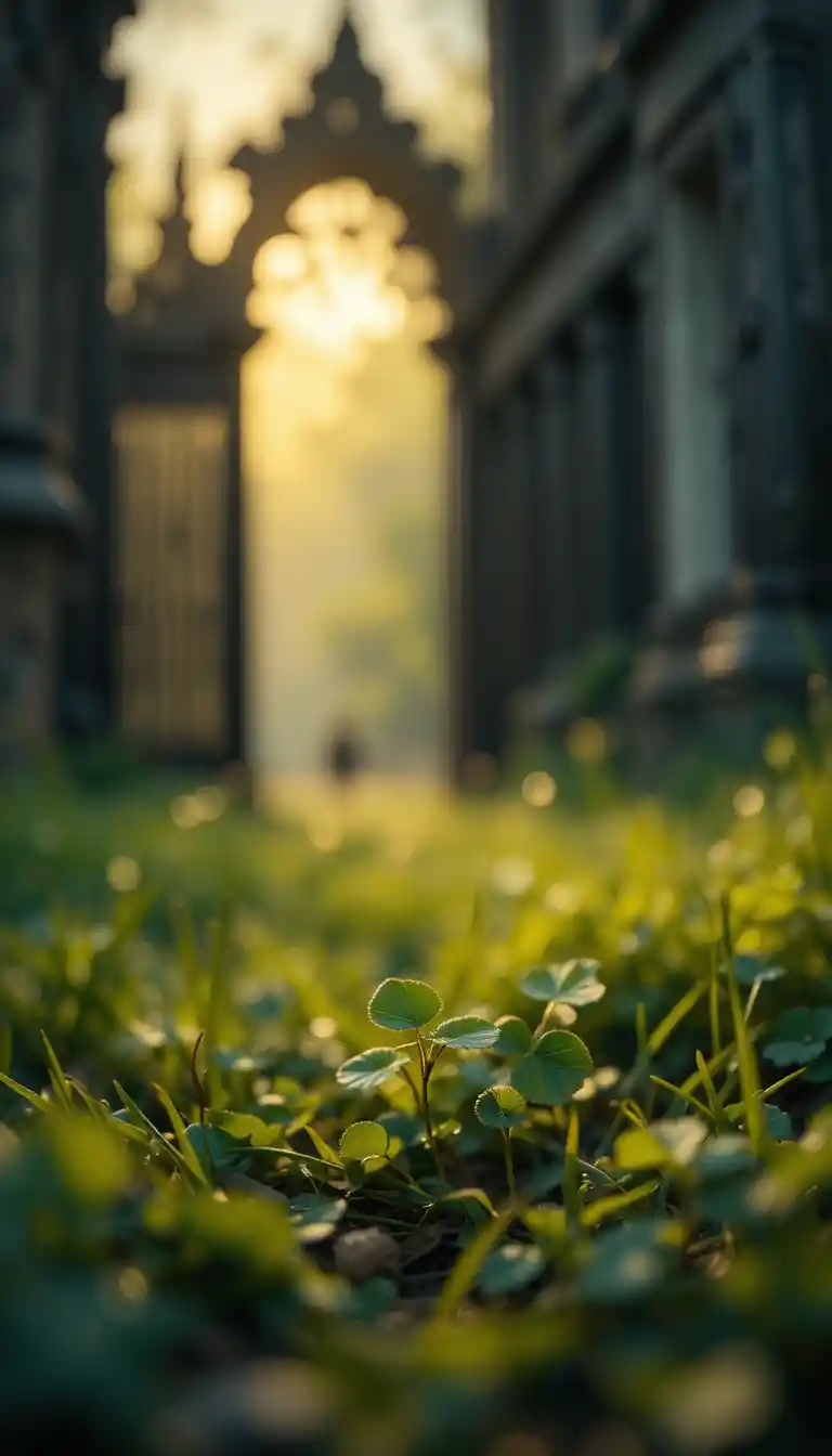 Glowing Four Leaf Clover In Grass With Gothic Iron Gate