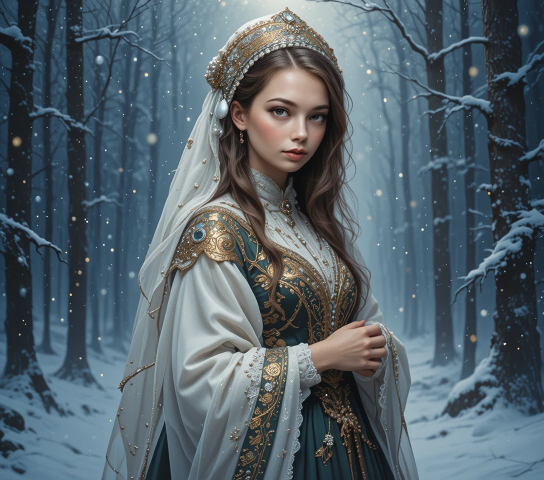 Slavic woman in traditional dress in a snowy twilight forest