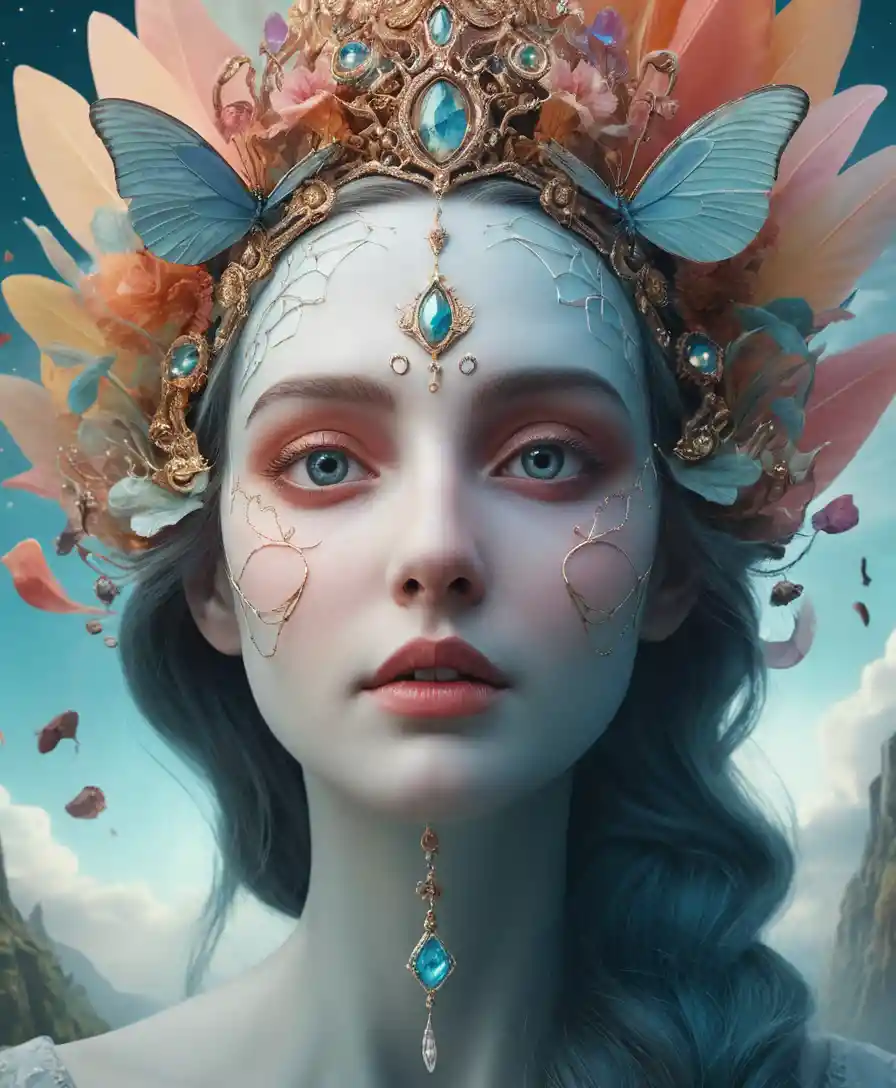 Verspieltes Halbporträt in einer surrealen Fantasiewelt