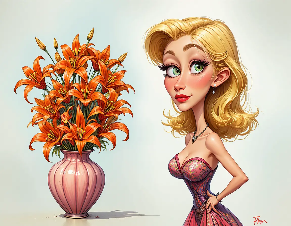 Vibrant lilies overflowing from a pink and purple vase