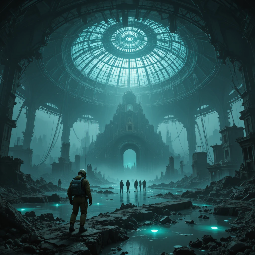 Cúpula maciça protegendo uma cidade futurista alagada e em decadência