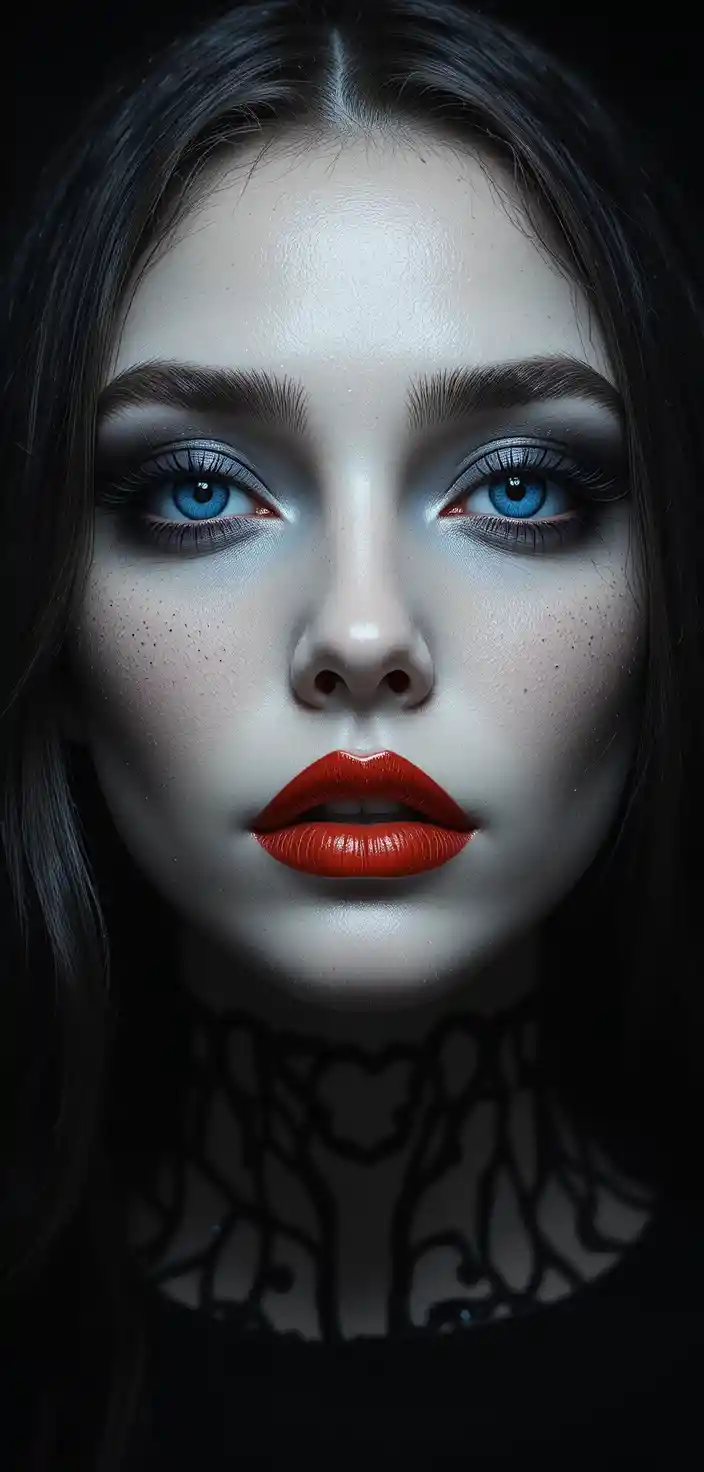 Glowing blue eyes and red lips on black background