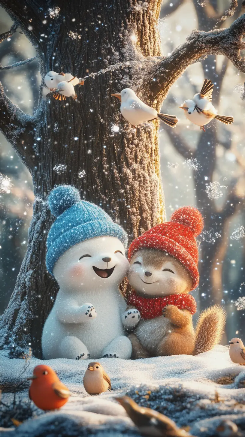 可愛北極熊在飄雪的冬季樹下大笑