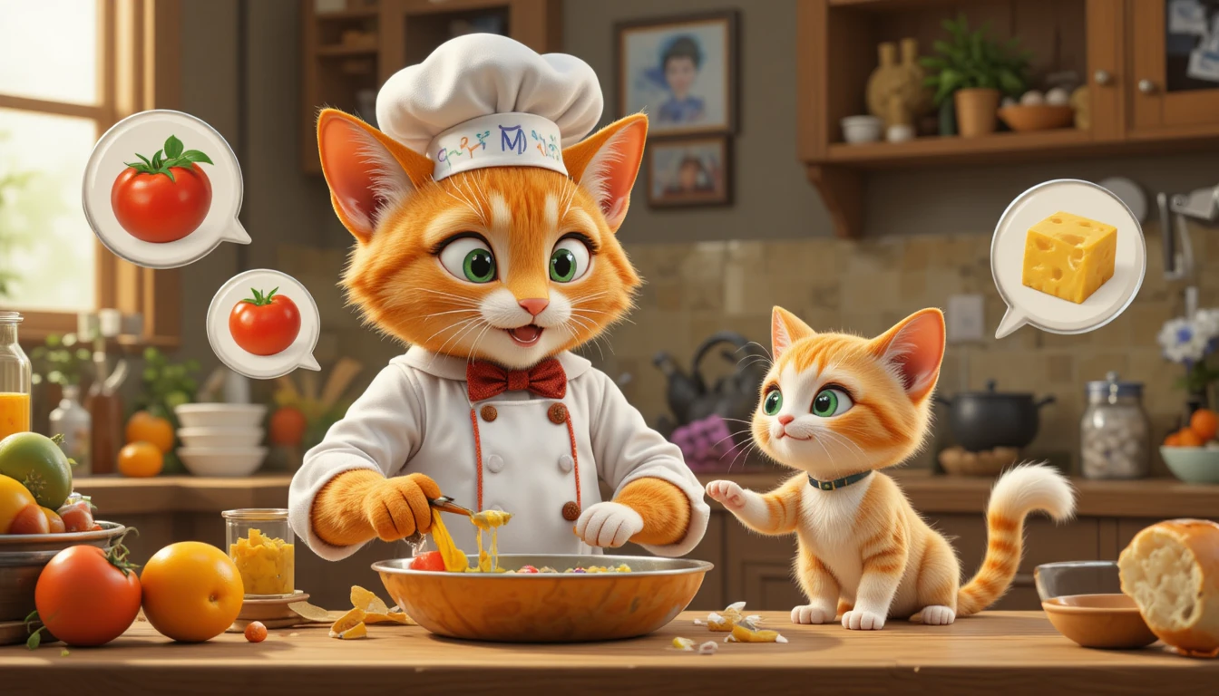 Chef gato 3D em desenho animado ensinando um pequeno gatinho assistente