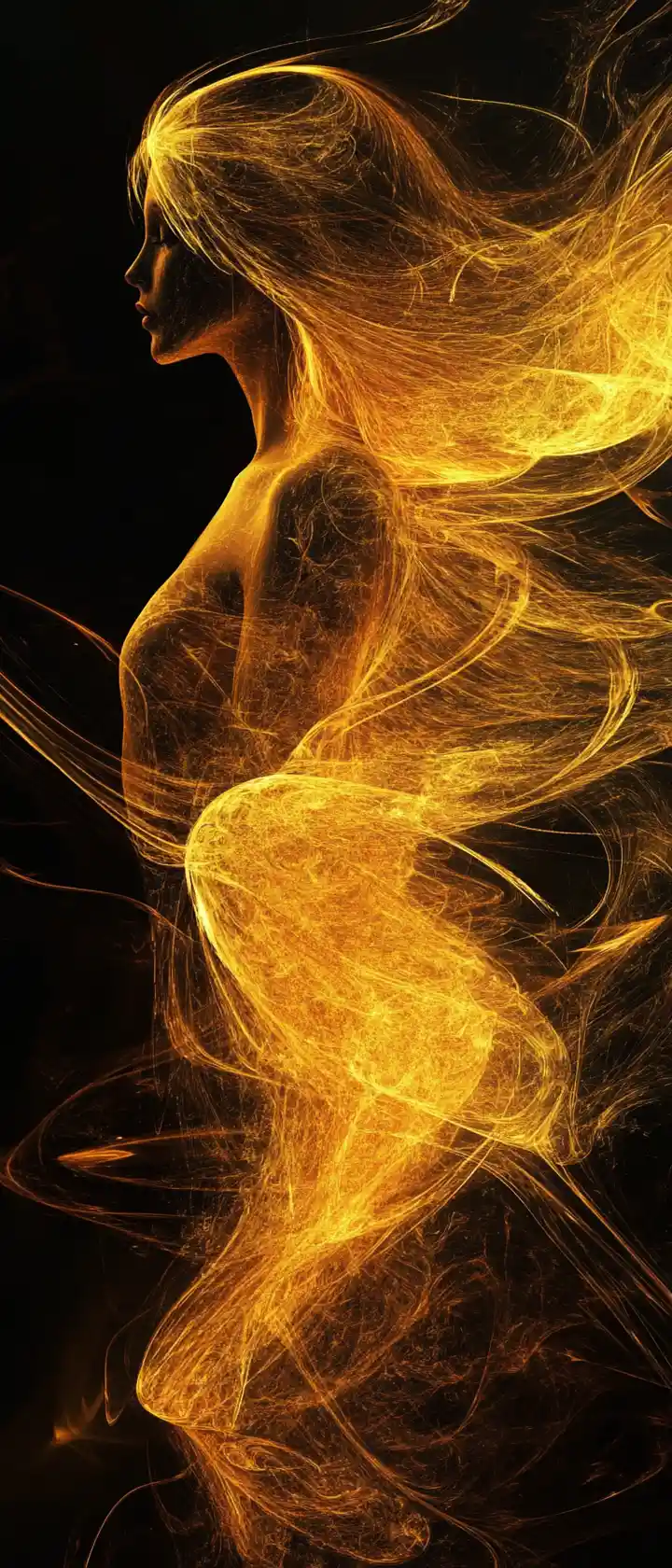 Golden emotions forming a woman silhouette in cosmic darkness