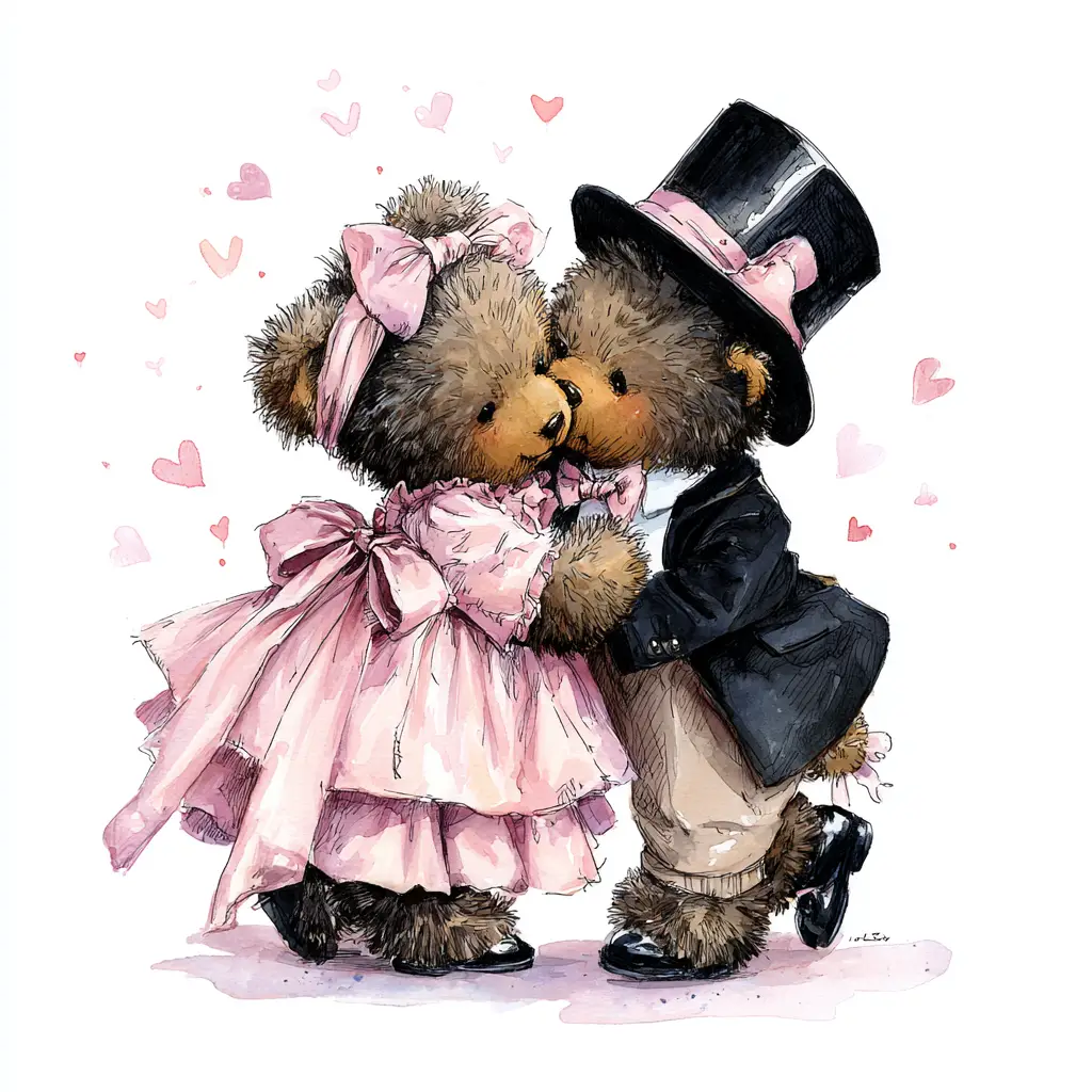 Pareja romántica de ositos de peluche besándose en ilustración pastel
