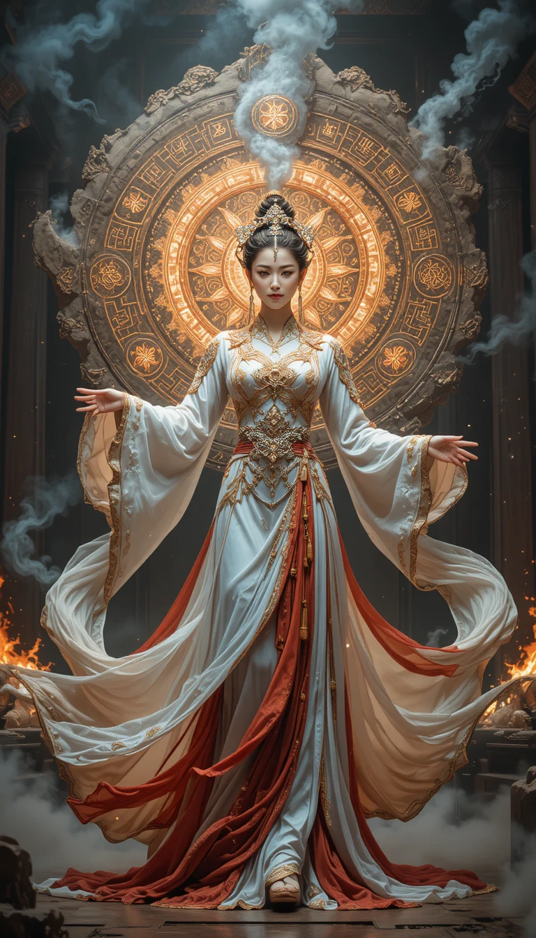 Deusa chinesa em hanfu ornamentado diante de mandala luminosa