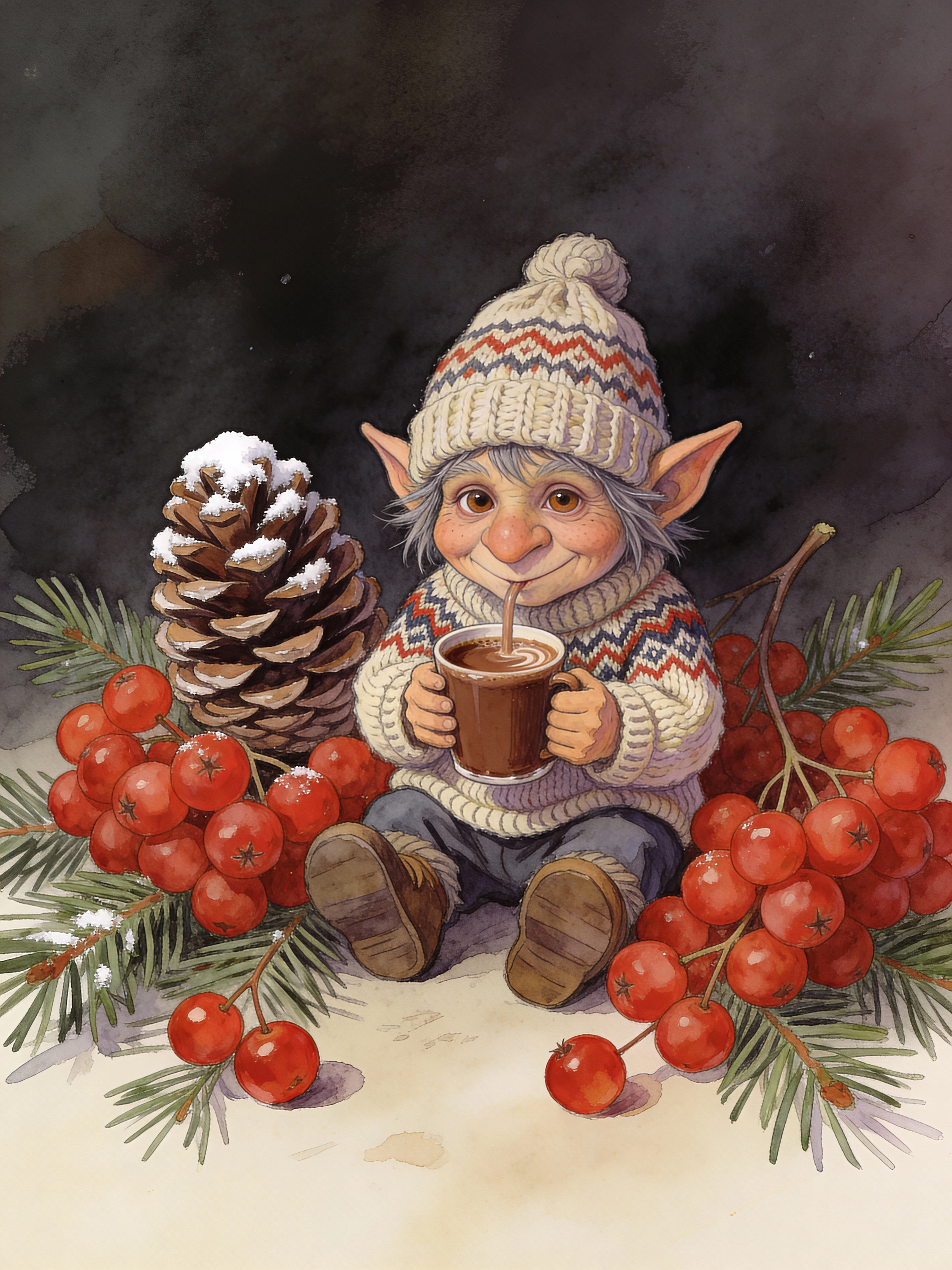 Troll fofo na neve com chocolate quente e pinha