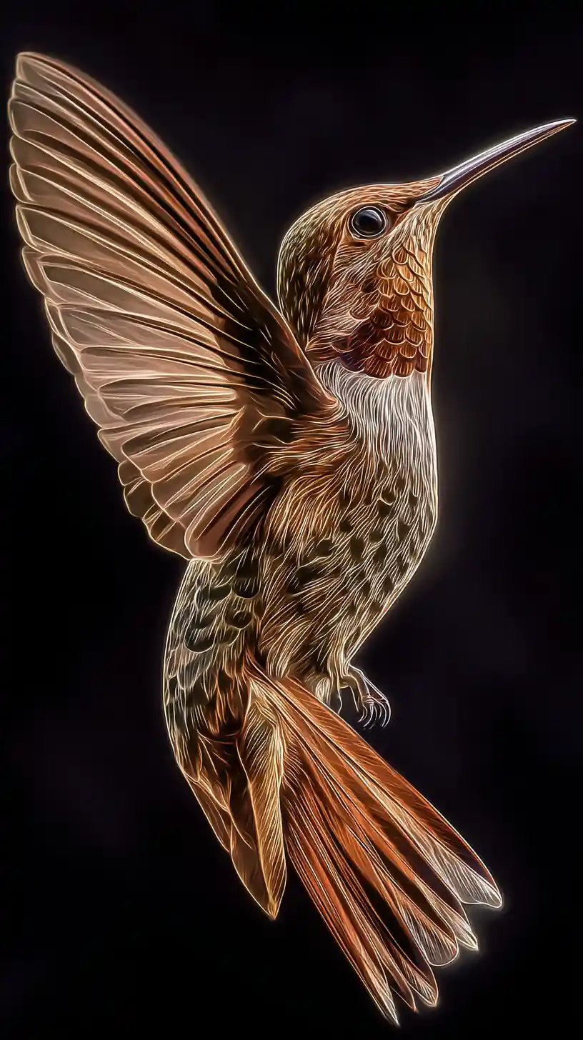 Neon hummingbird emerging from a dark velvety background