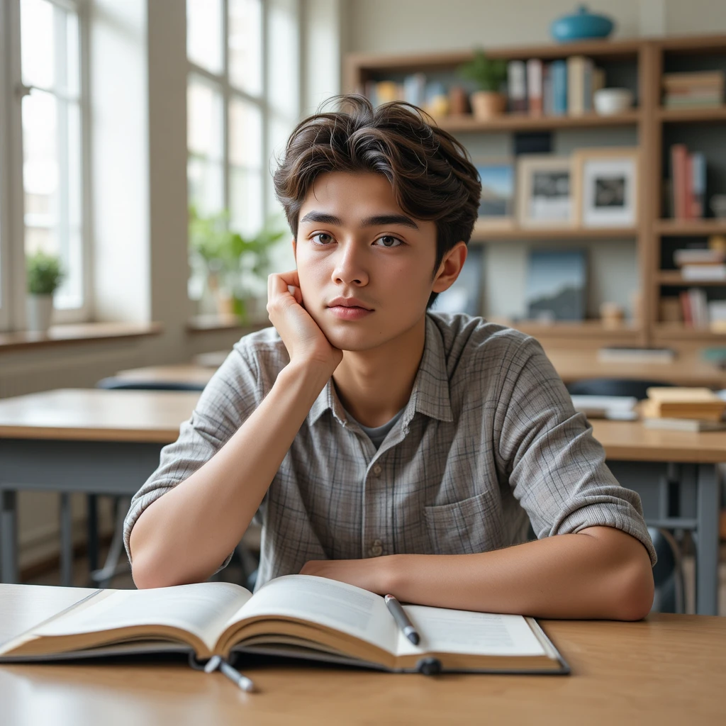 Studente che studia con libri aperti a una scrivania luminosa e ordinata