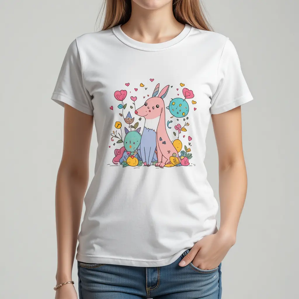 Playful womens graphic t shirt with cute pastel illustration