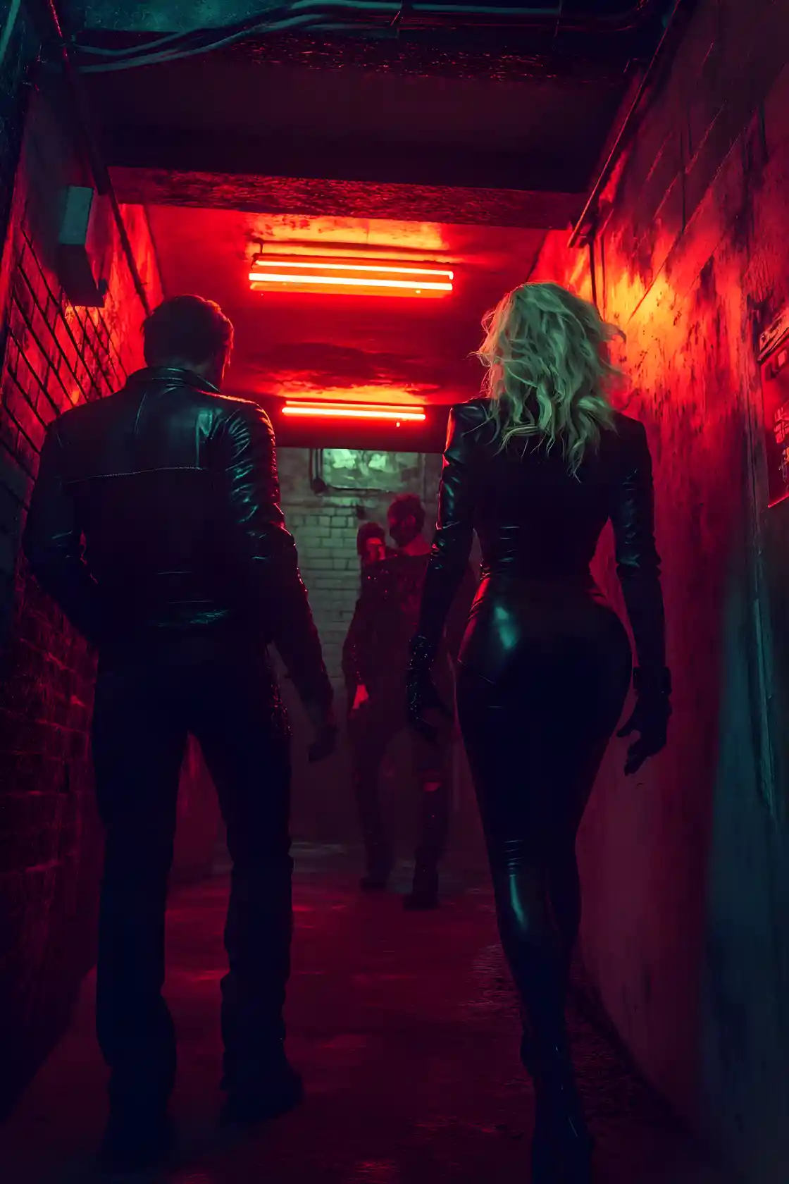Sinister blond woman in leather in dim dungeon