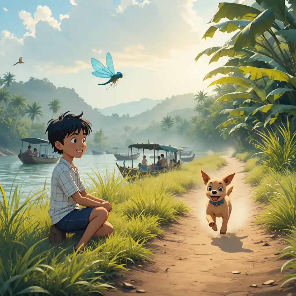 Boy and dog watching sunrise on a quiet riverside