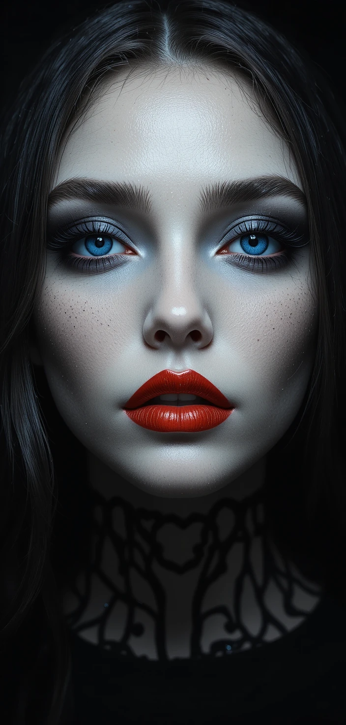 Glowing blue eyes and red lips on black background