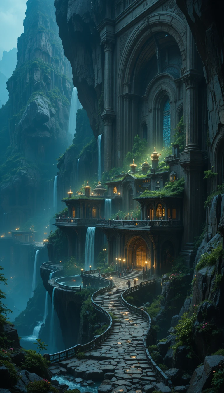 Uralte Fantasy-Stadt in eine gewaltige Bergklippe gemeißelt