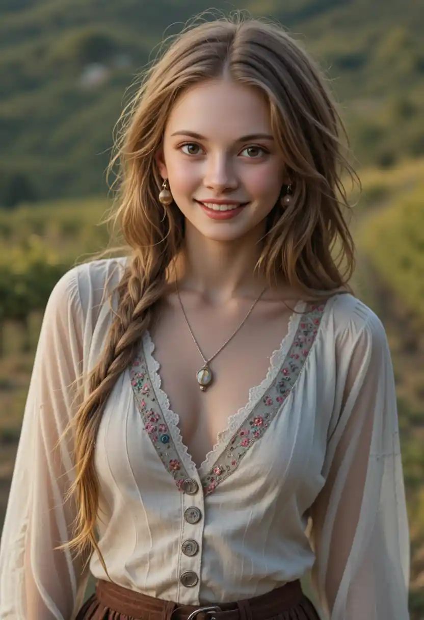 Young blond woman in gypsy skirt on sunny vineyard hillside