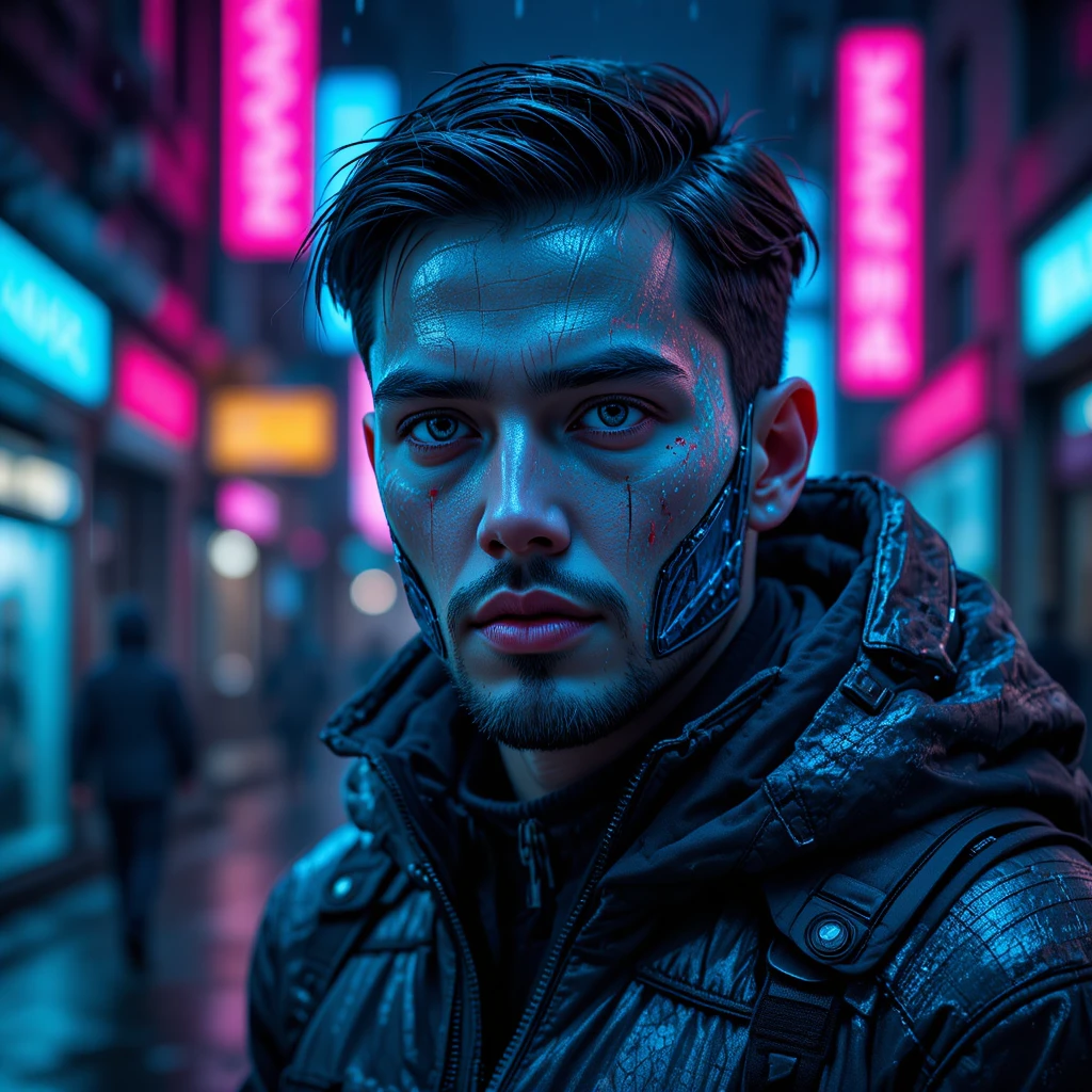 Retrato de homem ciborgue futurista em rua chuvosa iluminada por neon