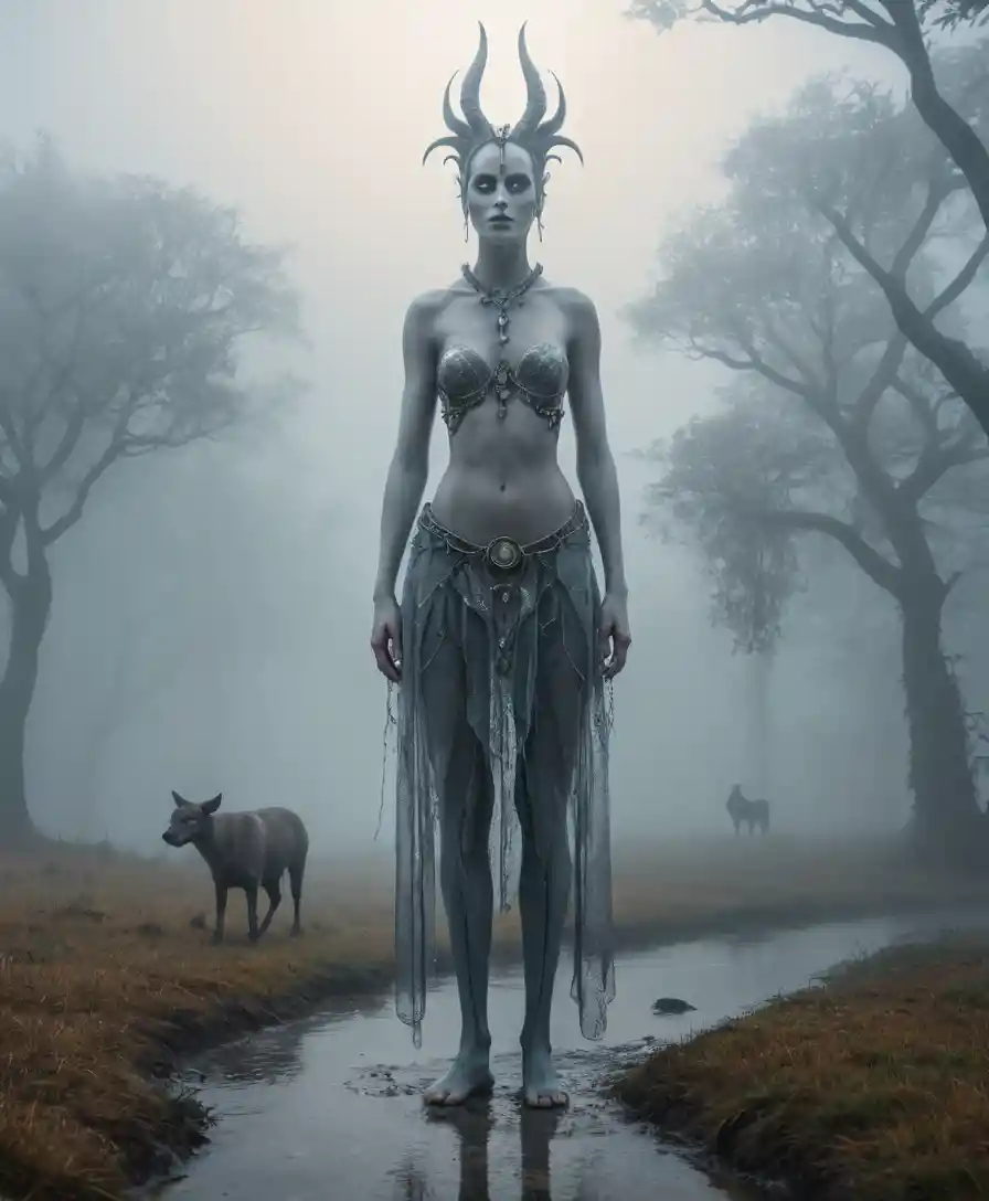 Surreal figure in a foggy morning fantasy landscape