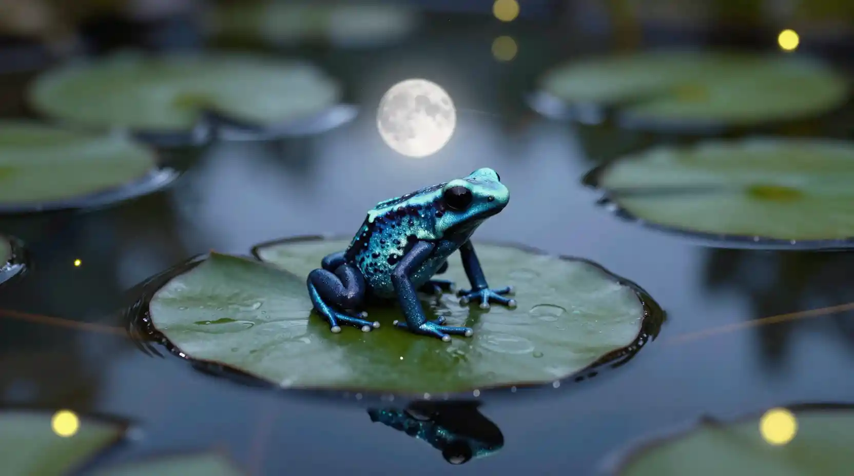 Rana iridescente che riposa in uno stagno di ninfee al chiaro di luna