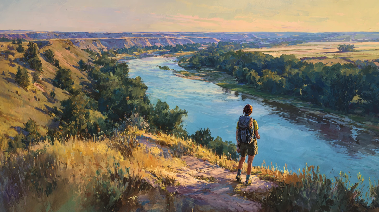 Hiker Overlooking River Canyon At Golden Hour In Watercolor