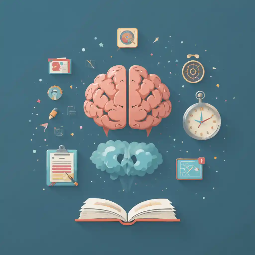 Minimalist educational icons of brain checklist clock and book