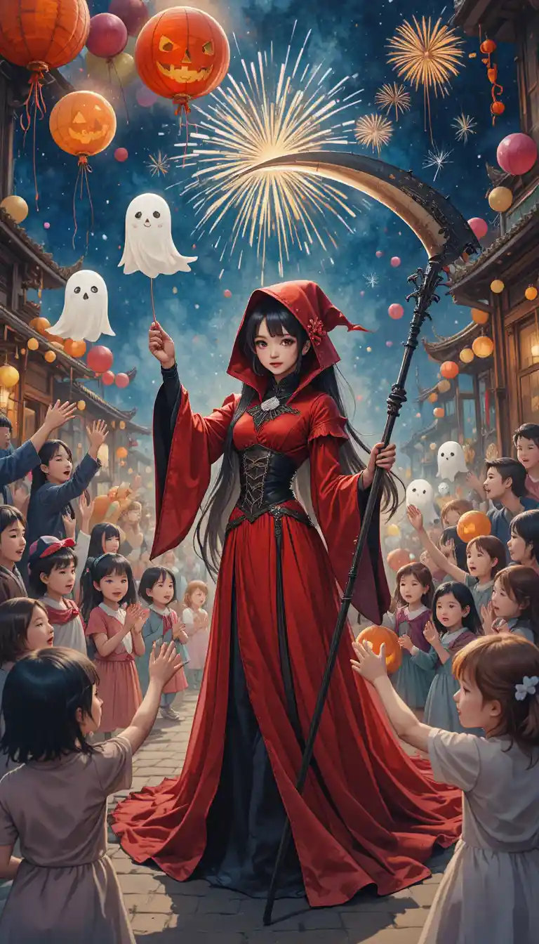 Mulher de anime como a morte em uma animada festa de aniversário de Halloween
