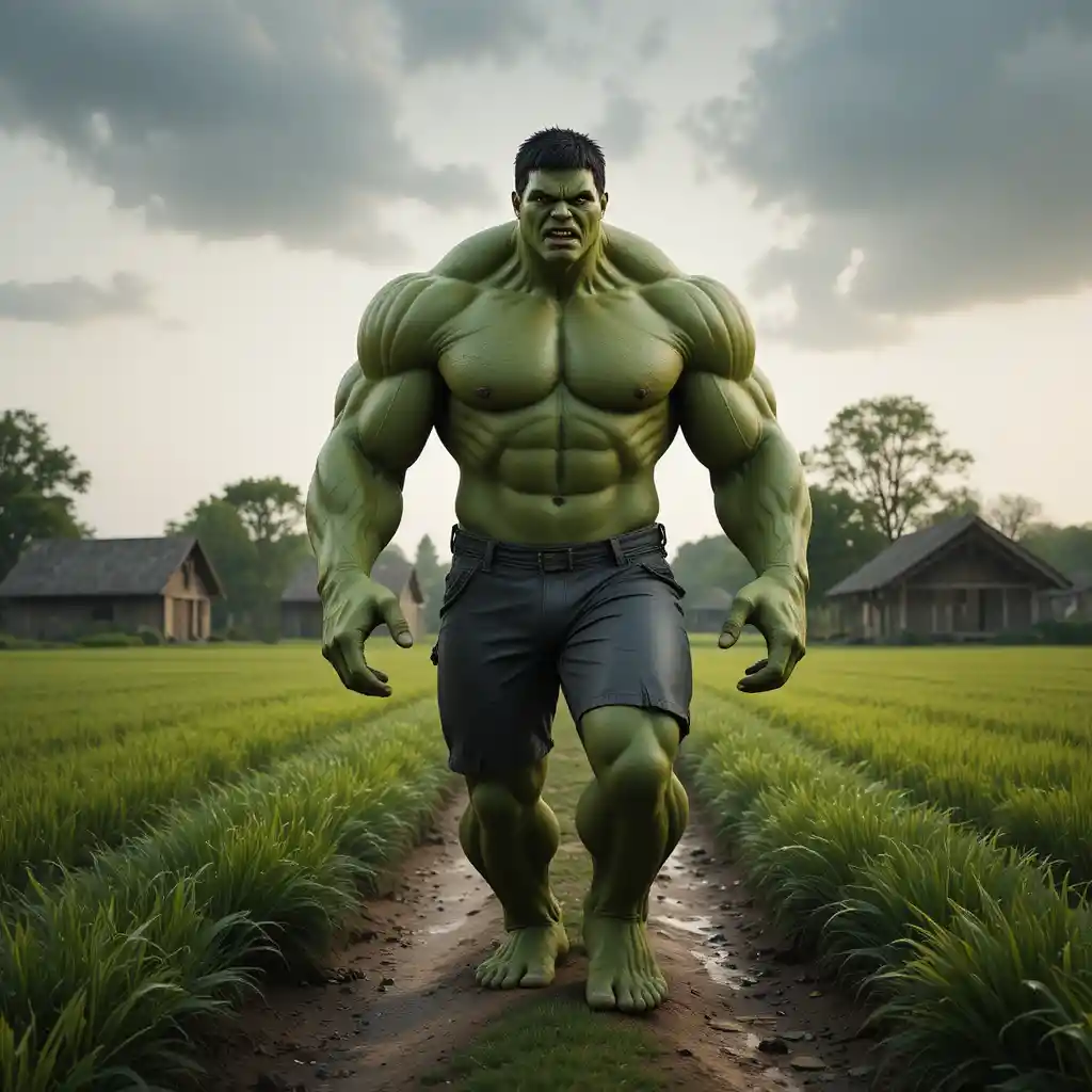 Géant humanoïde vert et musclé marchant sur un sentier de village rural