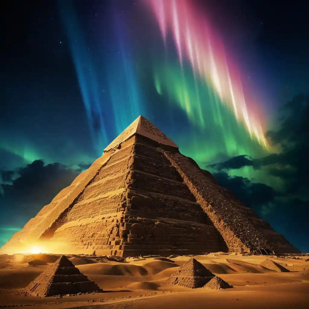 Northern lights and lightning above ancient desert pyramids