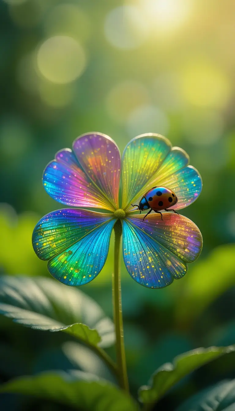 Macro close up of a rainbow four leaf clover and ladybug
