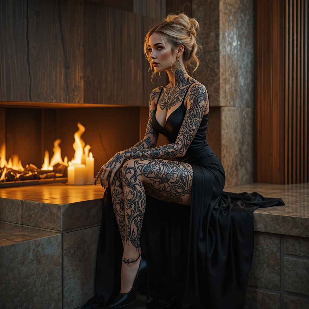 Tattooed woman in black evening gown by modern fireplace