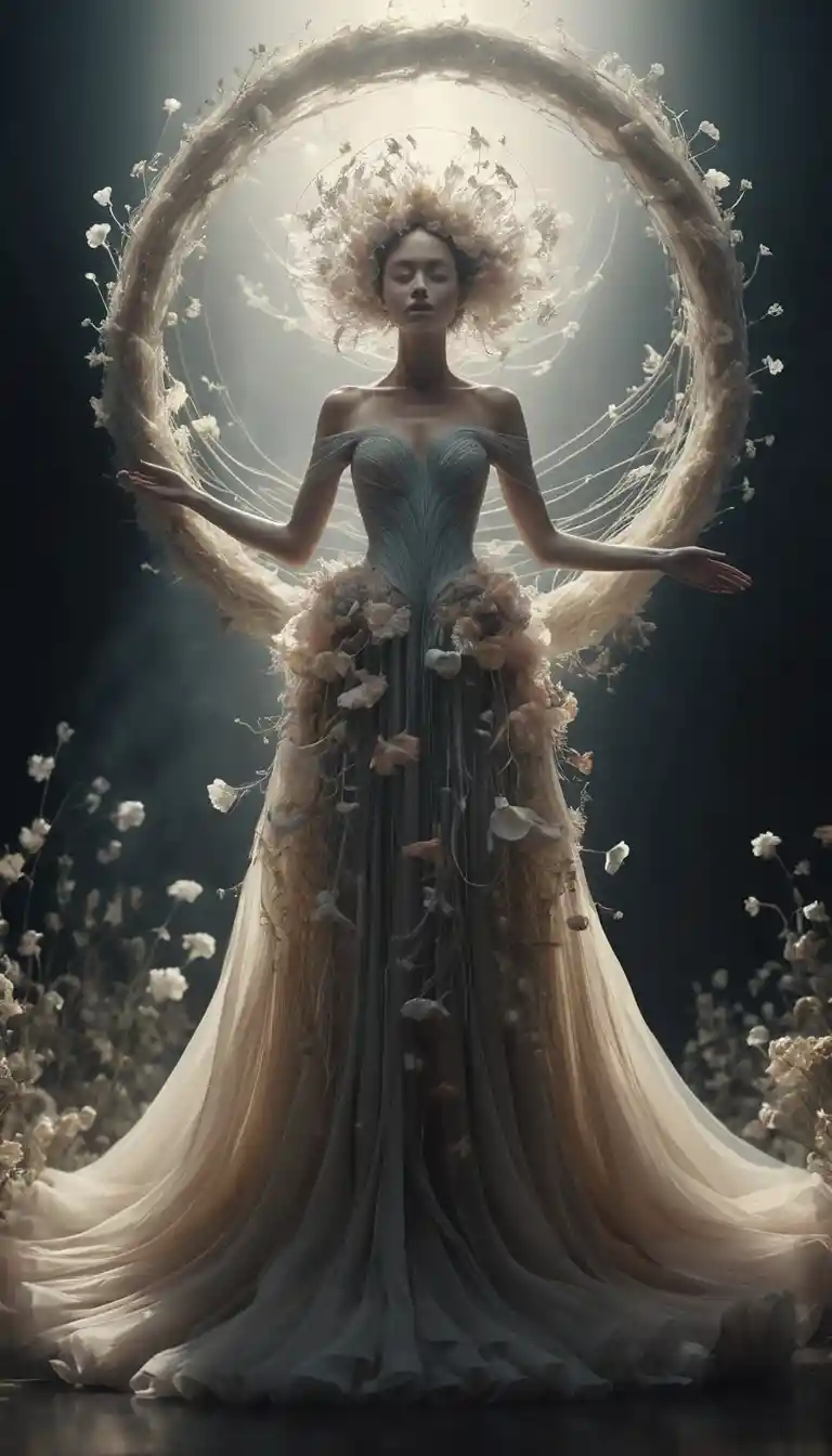 Surreale Frau in atmender Blumencouture mit Halo-Aura
