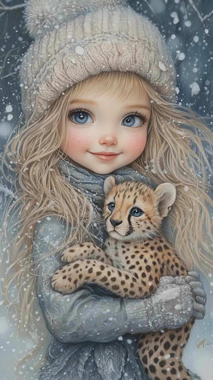 Fille souriante en hiver tenant un dessin de bébé guépard