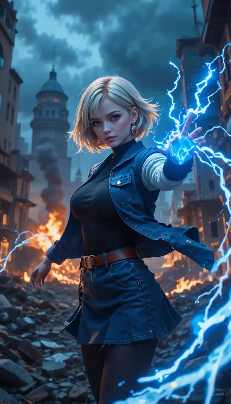Anime girl summoning blue energy in ruined city street