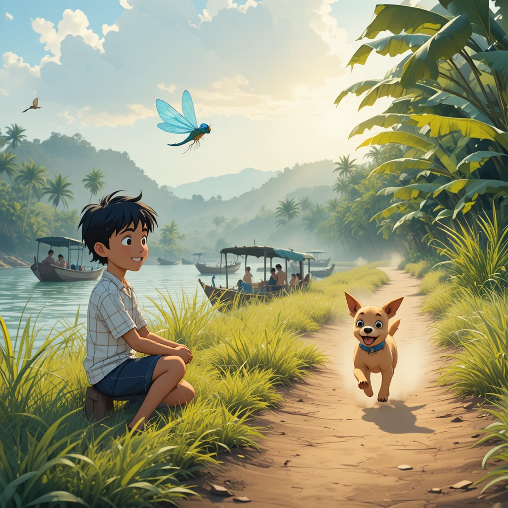 Boy and dog watching sunrise on a quiet riverside