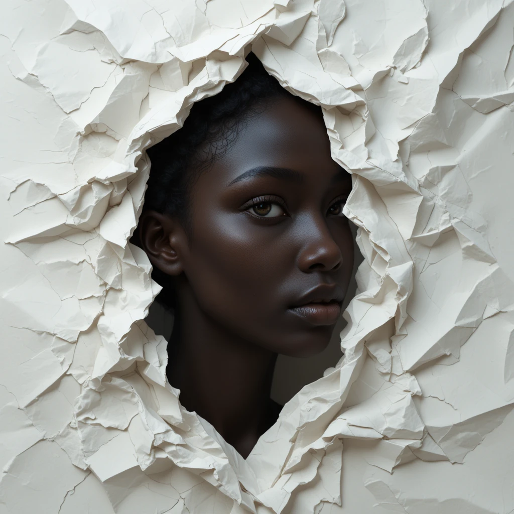 Retrato em papel amassado de uma mulher surgindo de uma folha branca