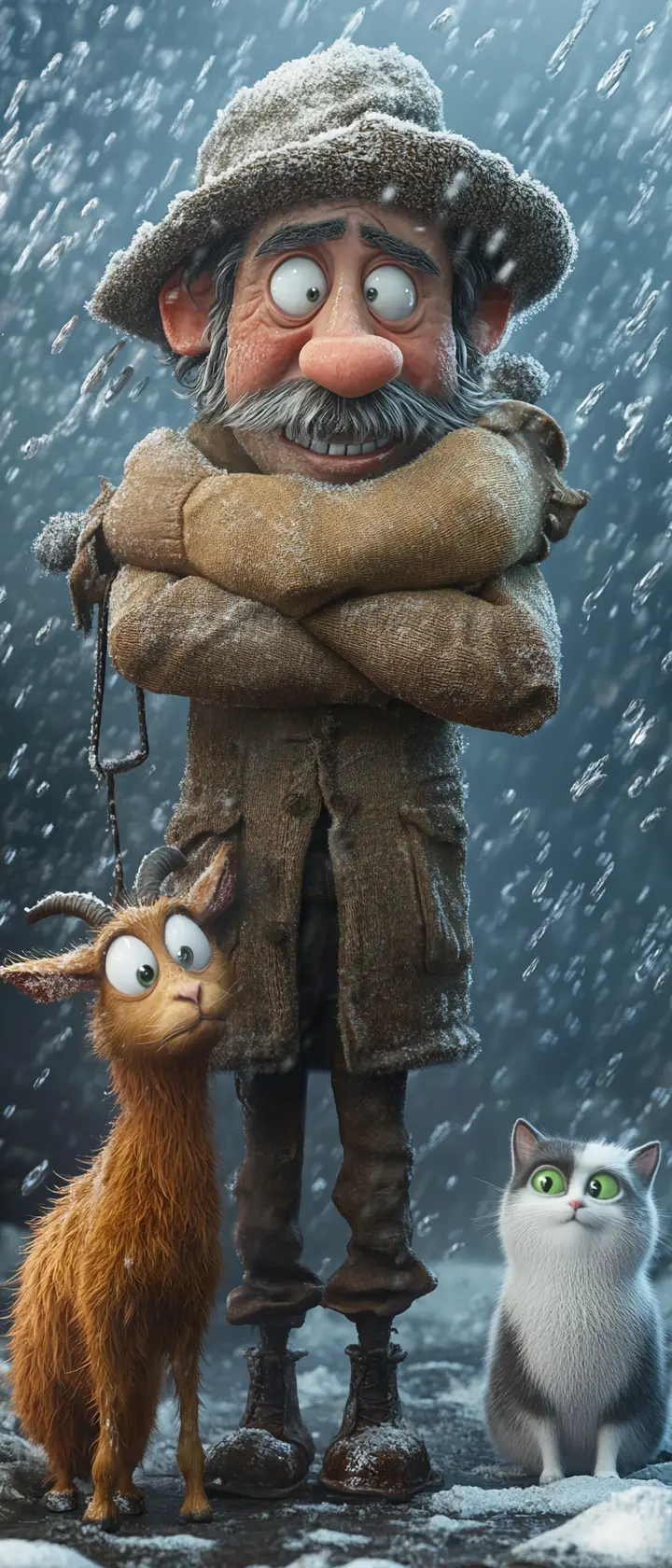 Contadino e animali infreddoliti in una scena di tempesta di grandine 3D in stile cartoon