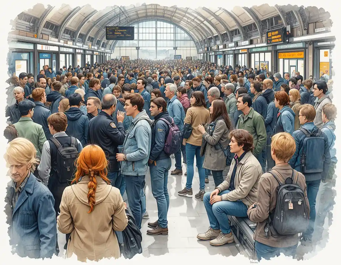 Lonely woman wandering through a crowded train station