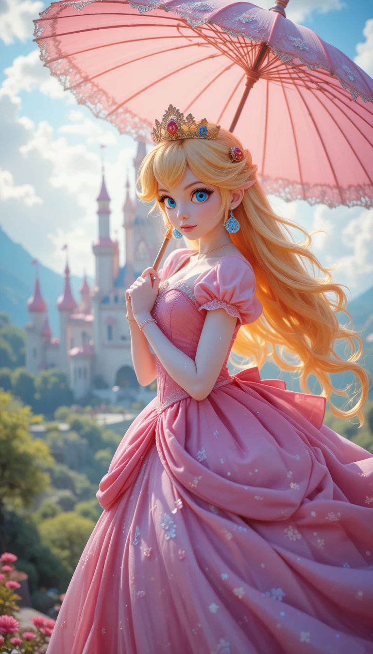 Princesse en robe rose flottant avec un parapluie au-dessus du château