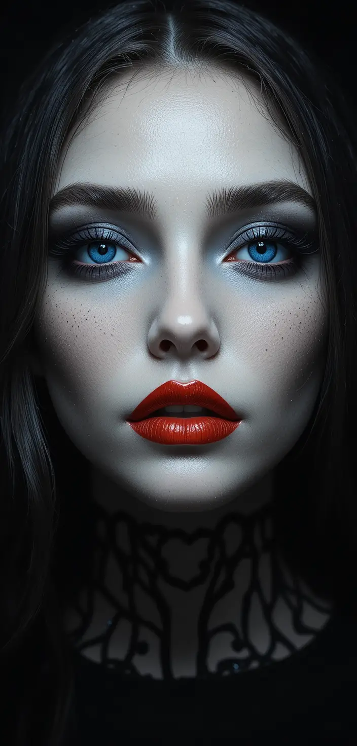Glowing blue eyes and red lips on black background