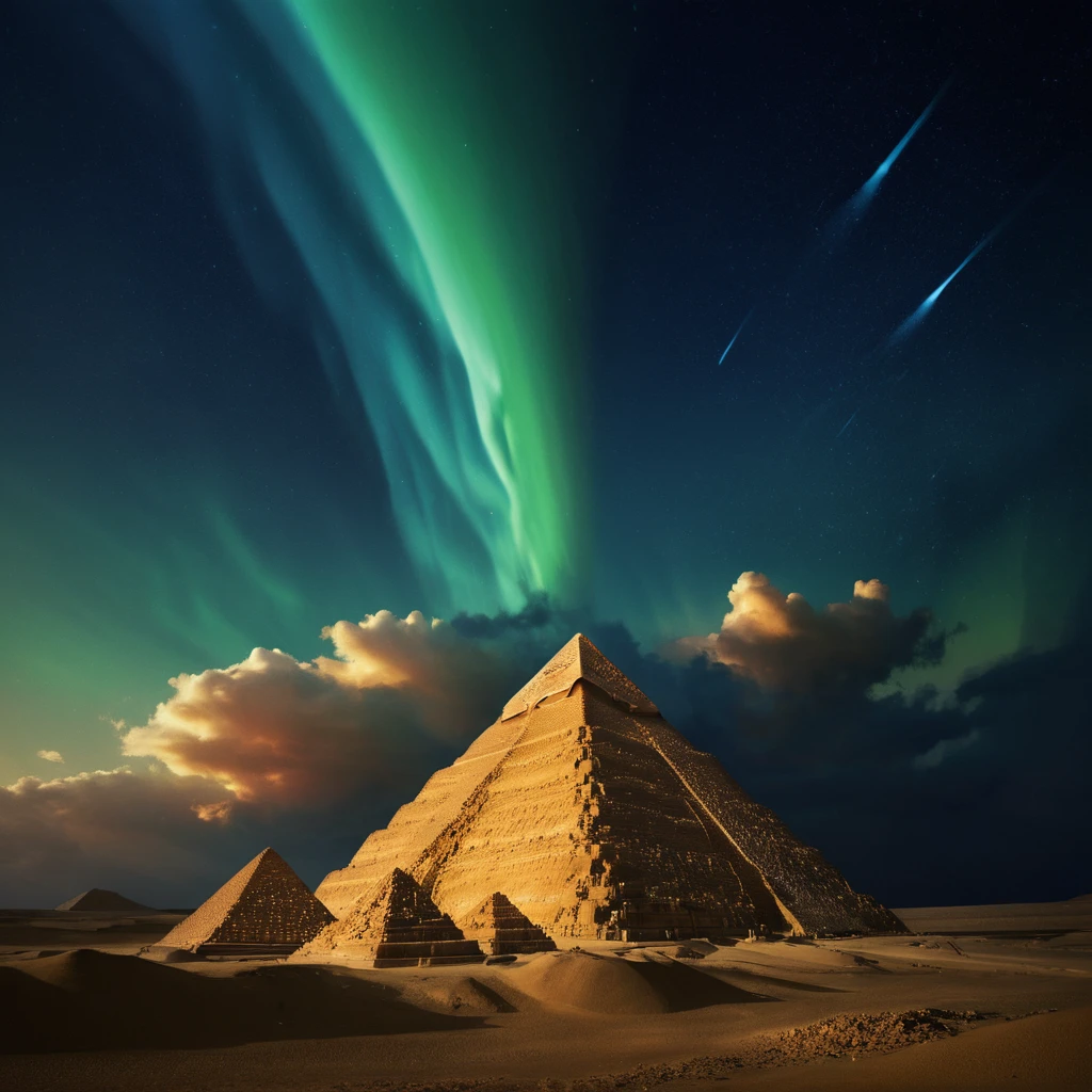 Relâmpagos cósmicos atingindo pirâmides sob um céu repleto de auroras