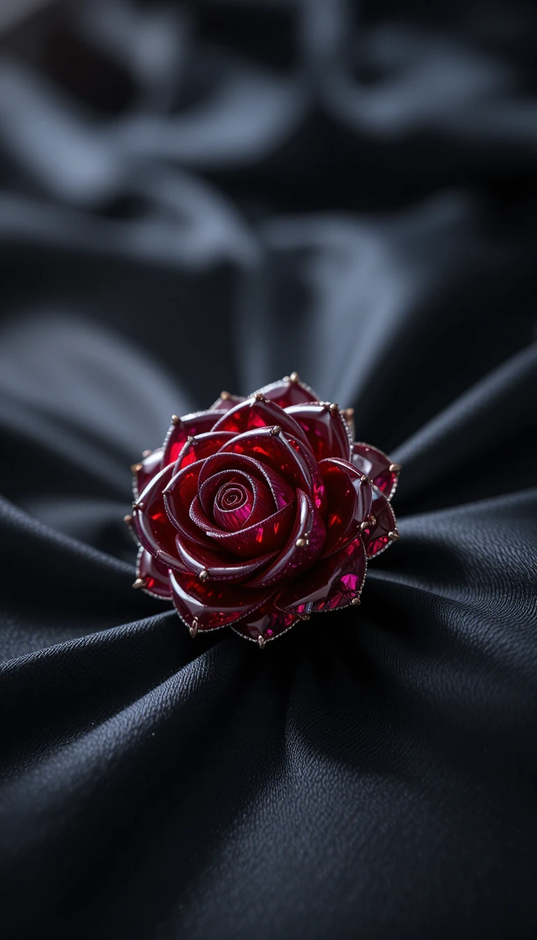 Rosa de rubi sobre seda preta à luz suave
