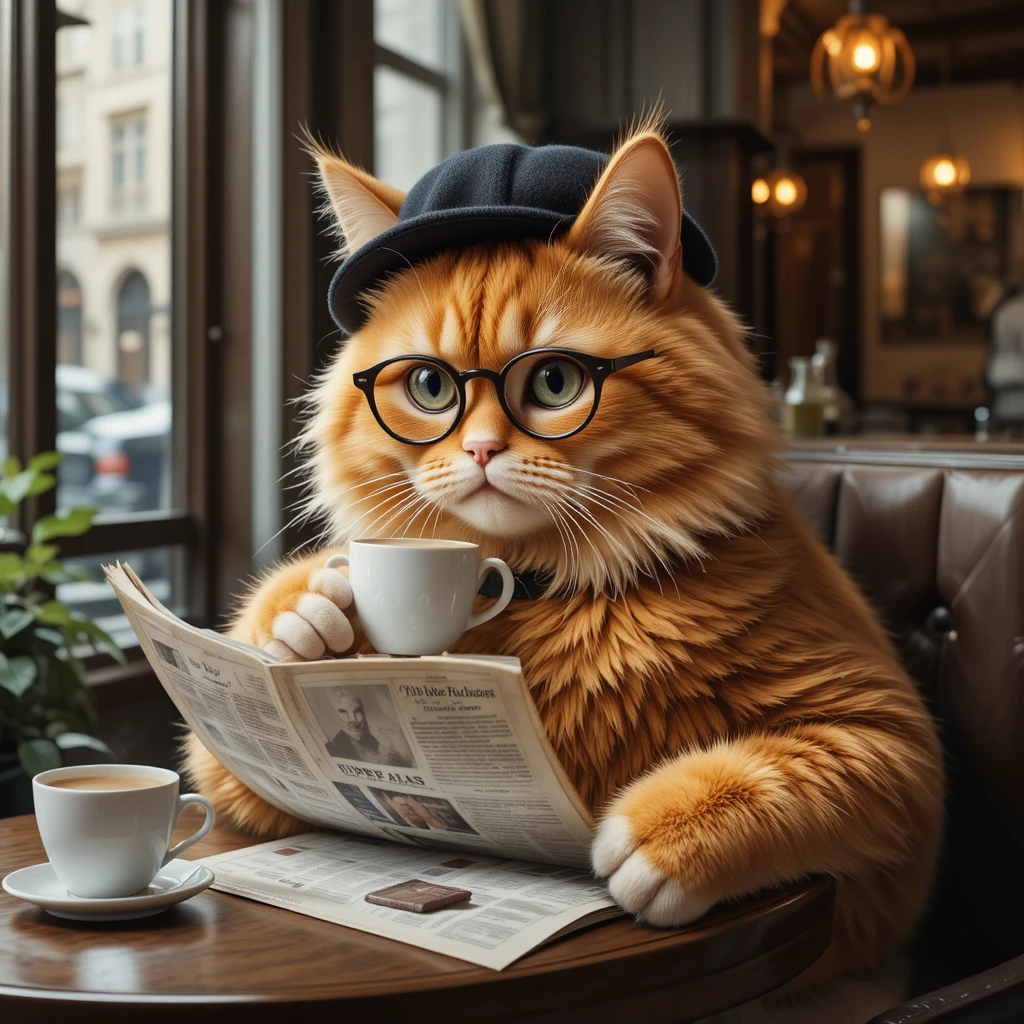 Gattone arancione che sorseggia caffè in un elegante café