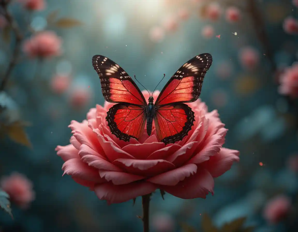 Borboleta vetorial surgindo acima de uma rosa vermelha em fundo branco
