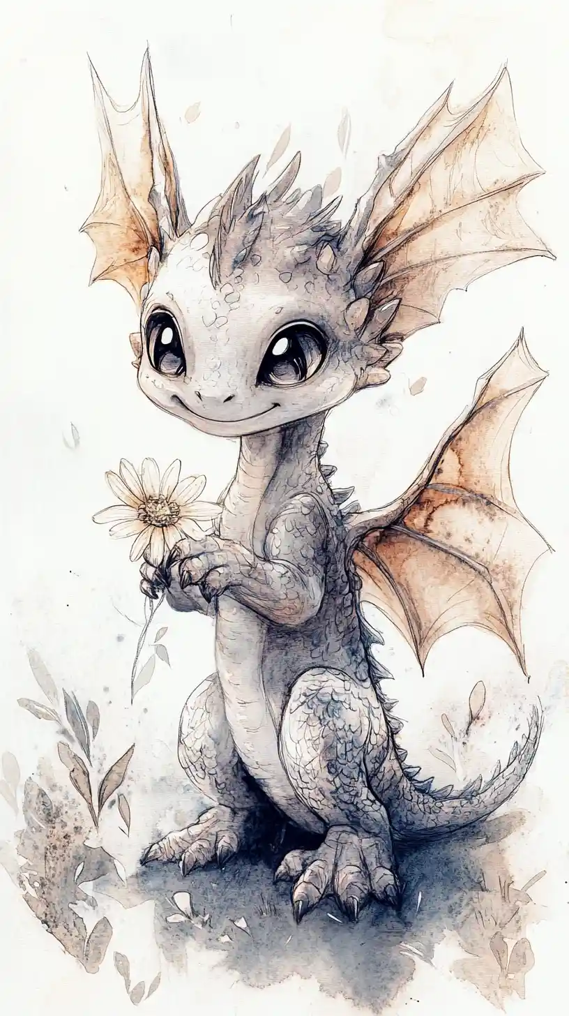 Cute baby dragon holding a flower in watercolor